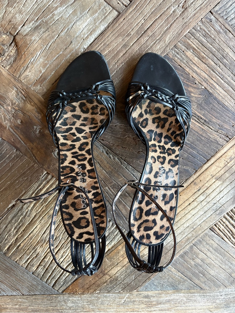 Vintage Dolce & Gabbana Black Macrame Woven Strappy Sandals Heels Leopard Insole